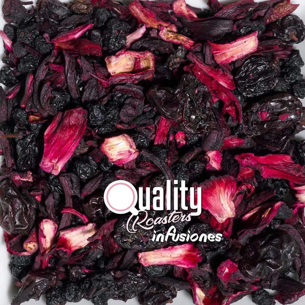 Infusión de frutas. Frutos Rojos. Mezcla. Sabor de frambuesas, fresas, cerezas y toque de crema.